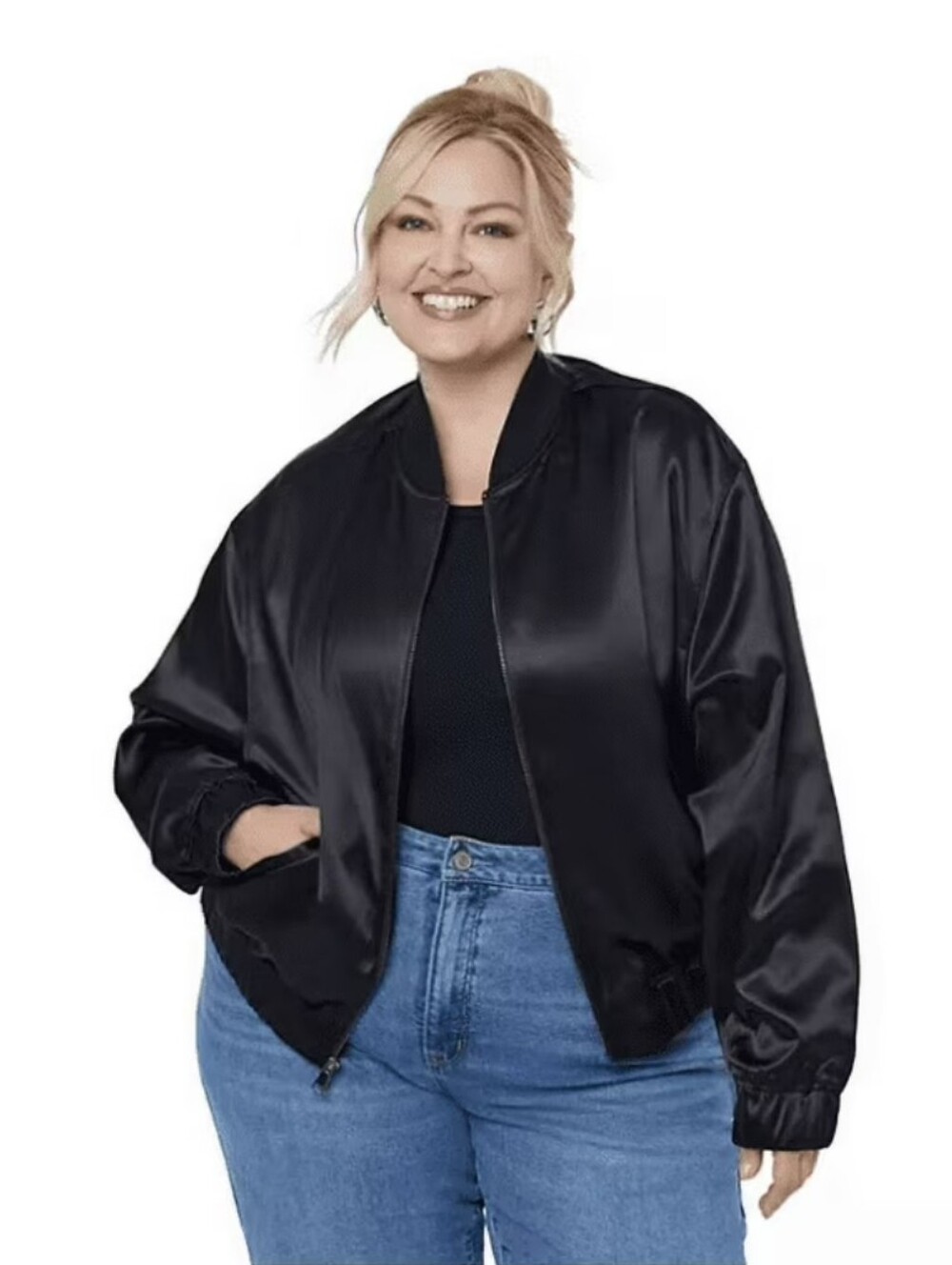 NWOT Edited By Remi Bader Women's Black Satin Bomber Jacket Size 2X #748